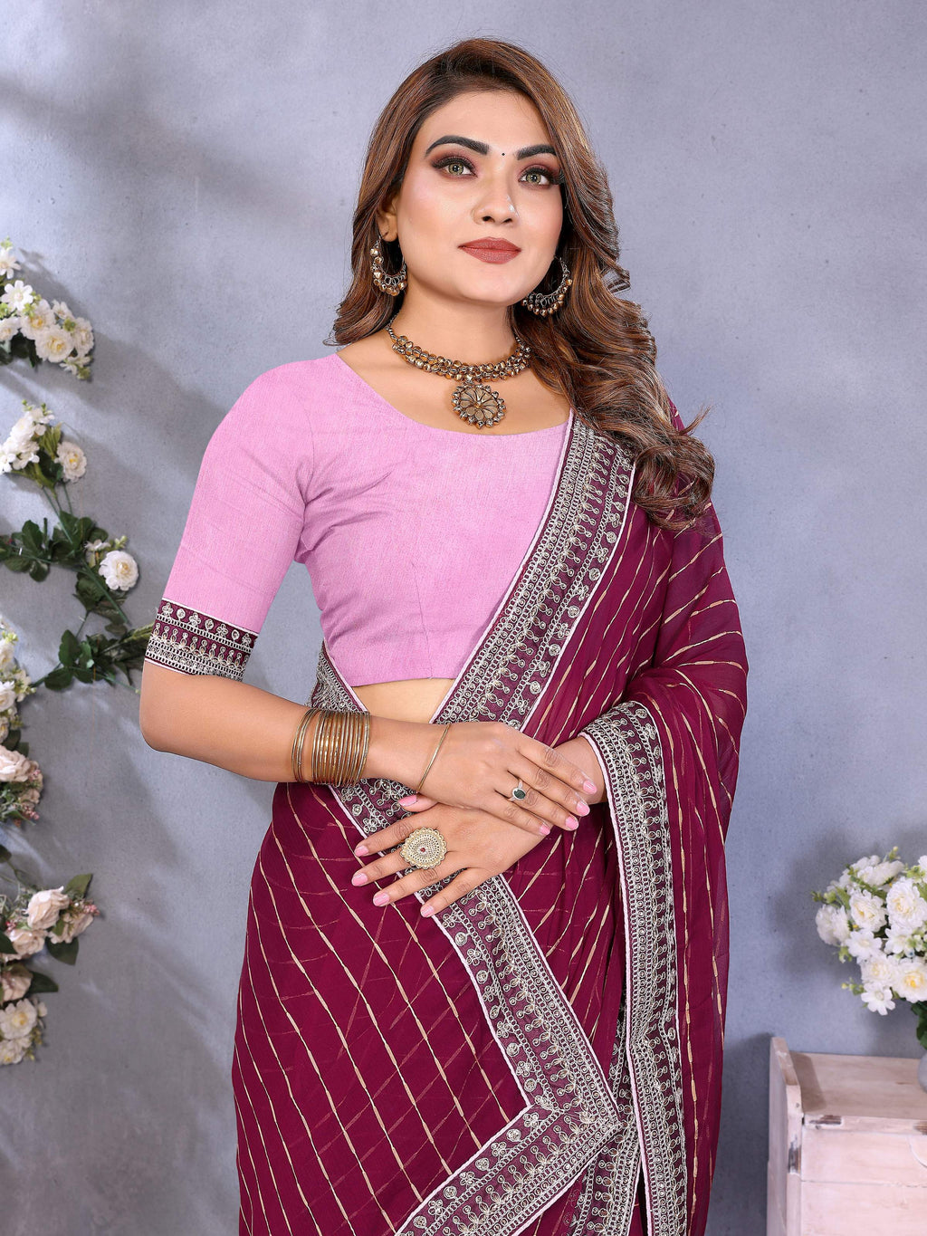 Vedant Vastram Georgette Embroidered & Sequin work Bollywood Fancy Saree - Wine