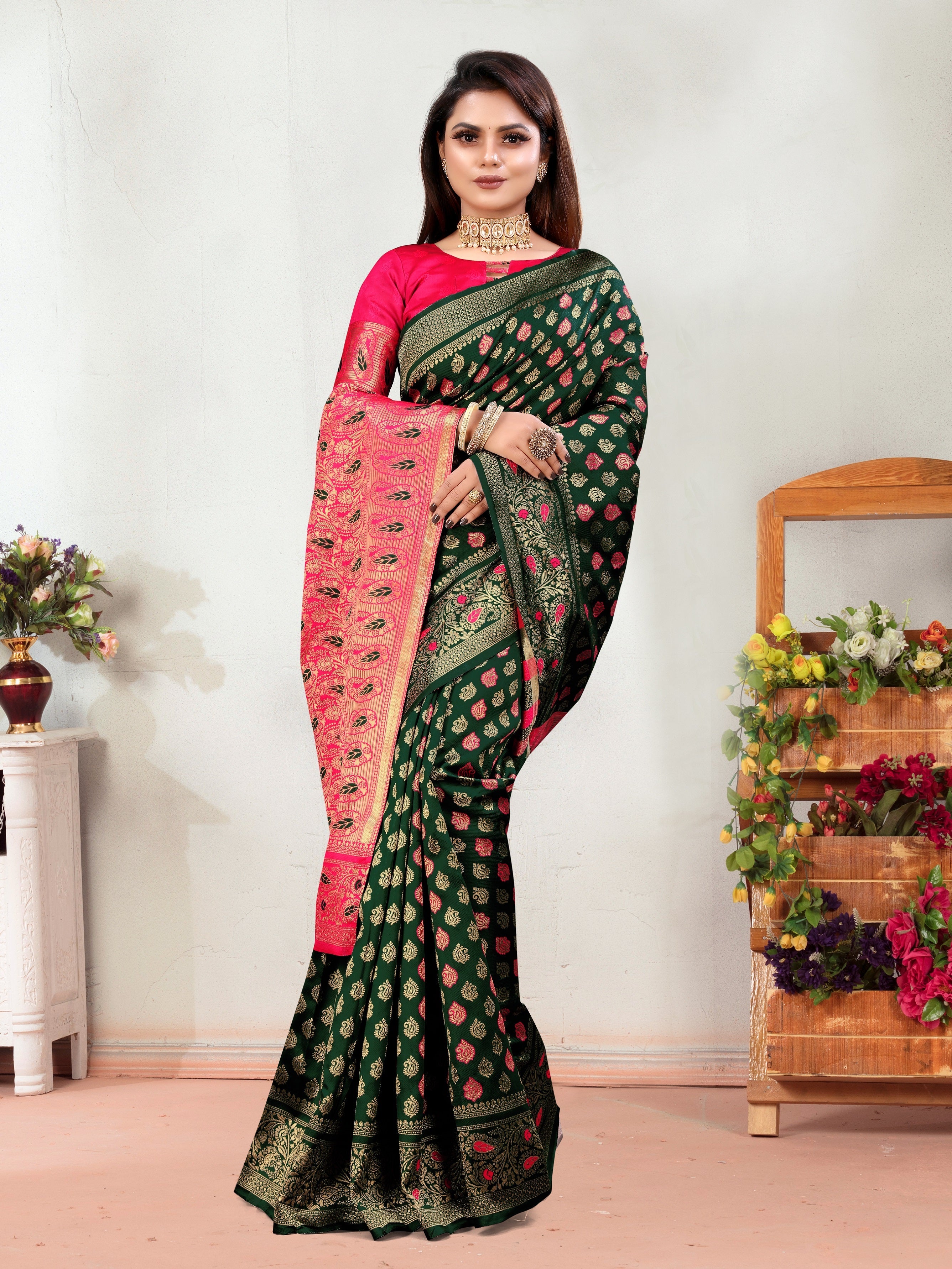 Vedant Vastram Litchi Silk Designer Banarasi Saree - Green - Distacart