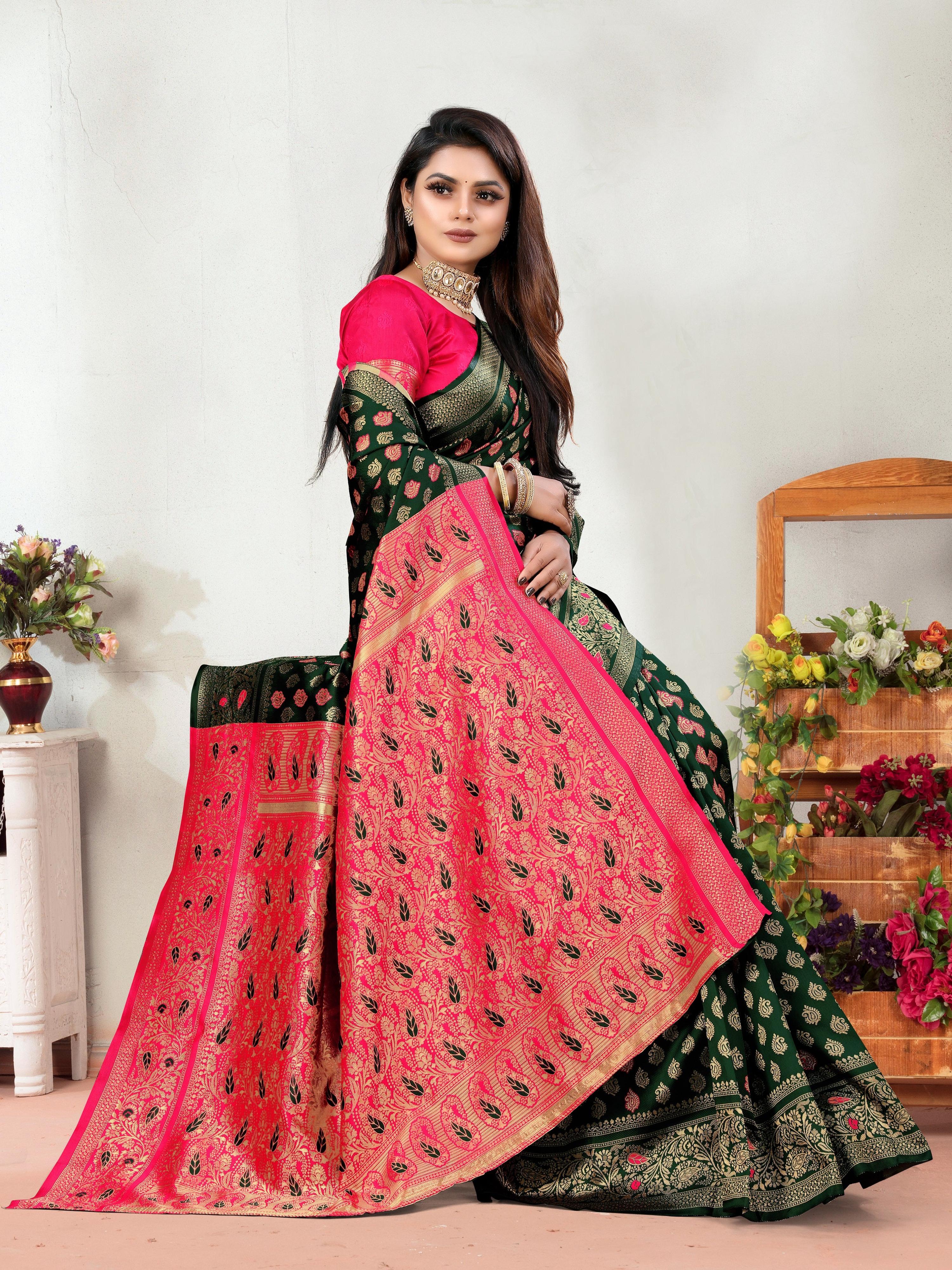 Vedant Vastram Litchi Silk Designer Banarasi Saree - Green - Distacart
