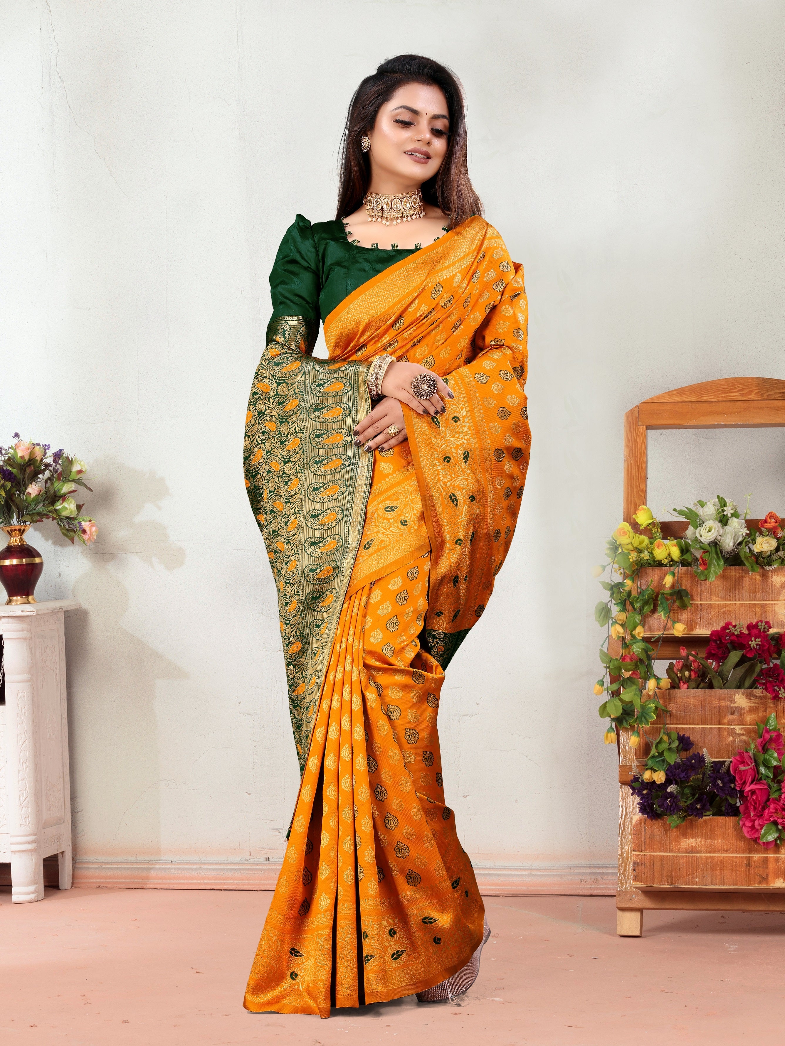 Vedant Vastram Litchi Silk Designer Banarasi Saree - Mustard - Distacart