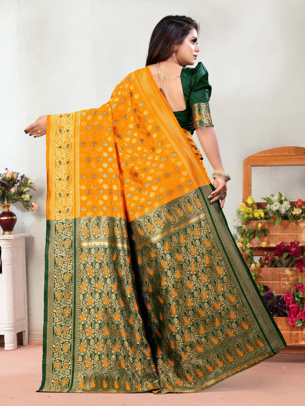 Vedant Vastram Litchi Silk Designer Banarasi Saree - Mustard - Distacart