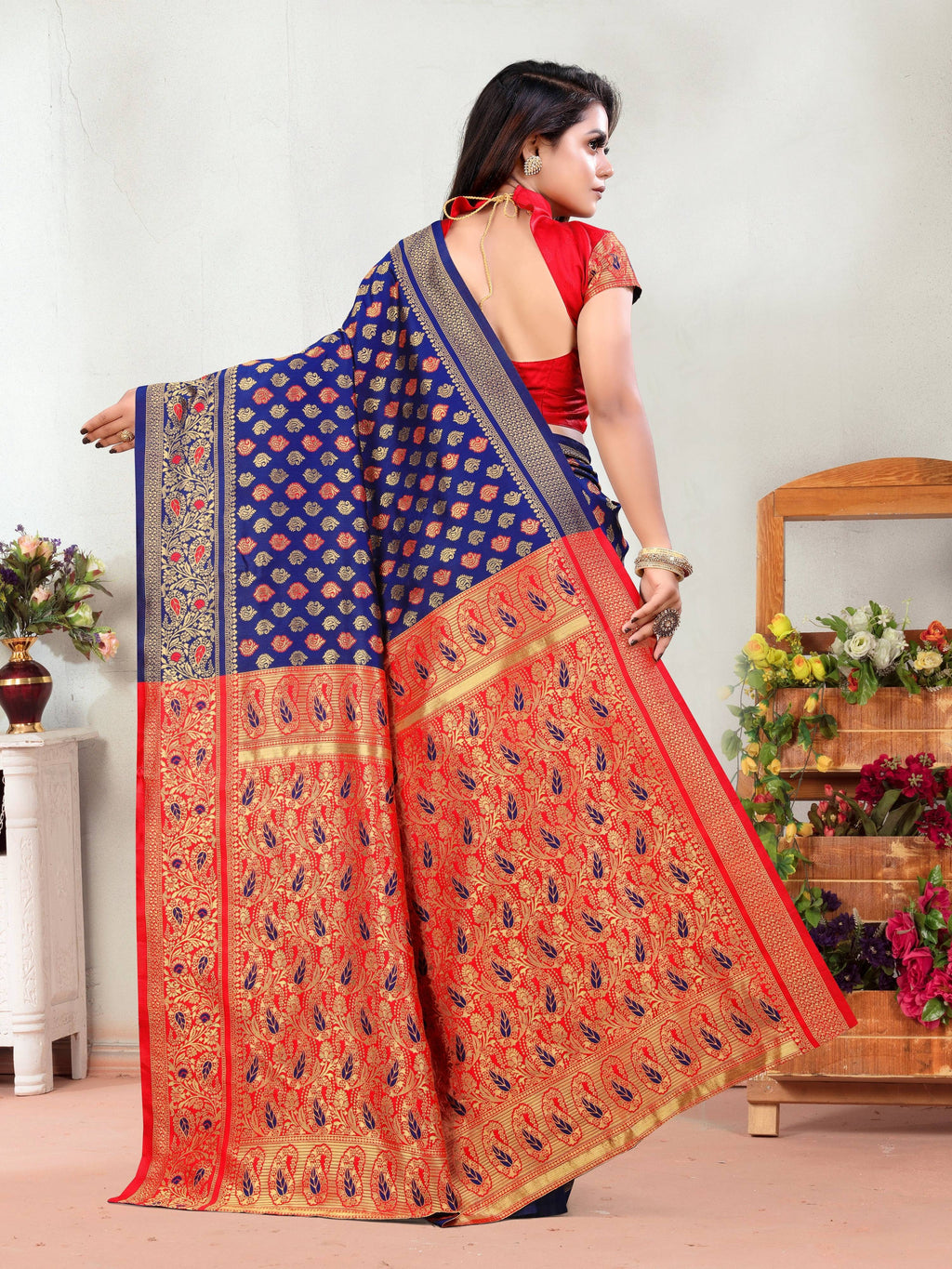 Vedant Vastram Litchi Silk Designer Banarasi Saree - Navy - Distacart