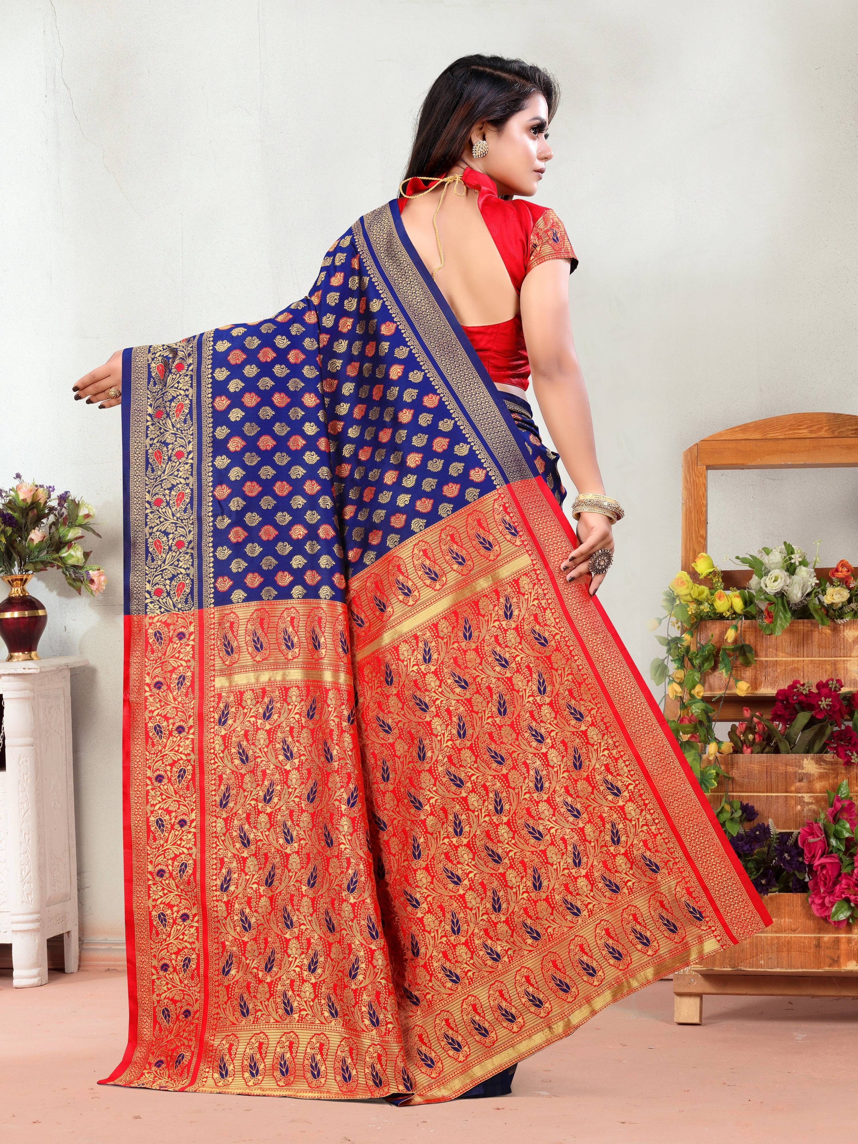 Vedant Vastram Litchi Silk Designer Banarasi Saree - Navy - Distacart