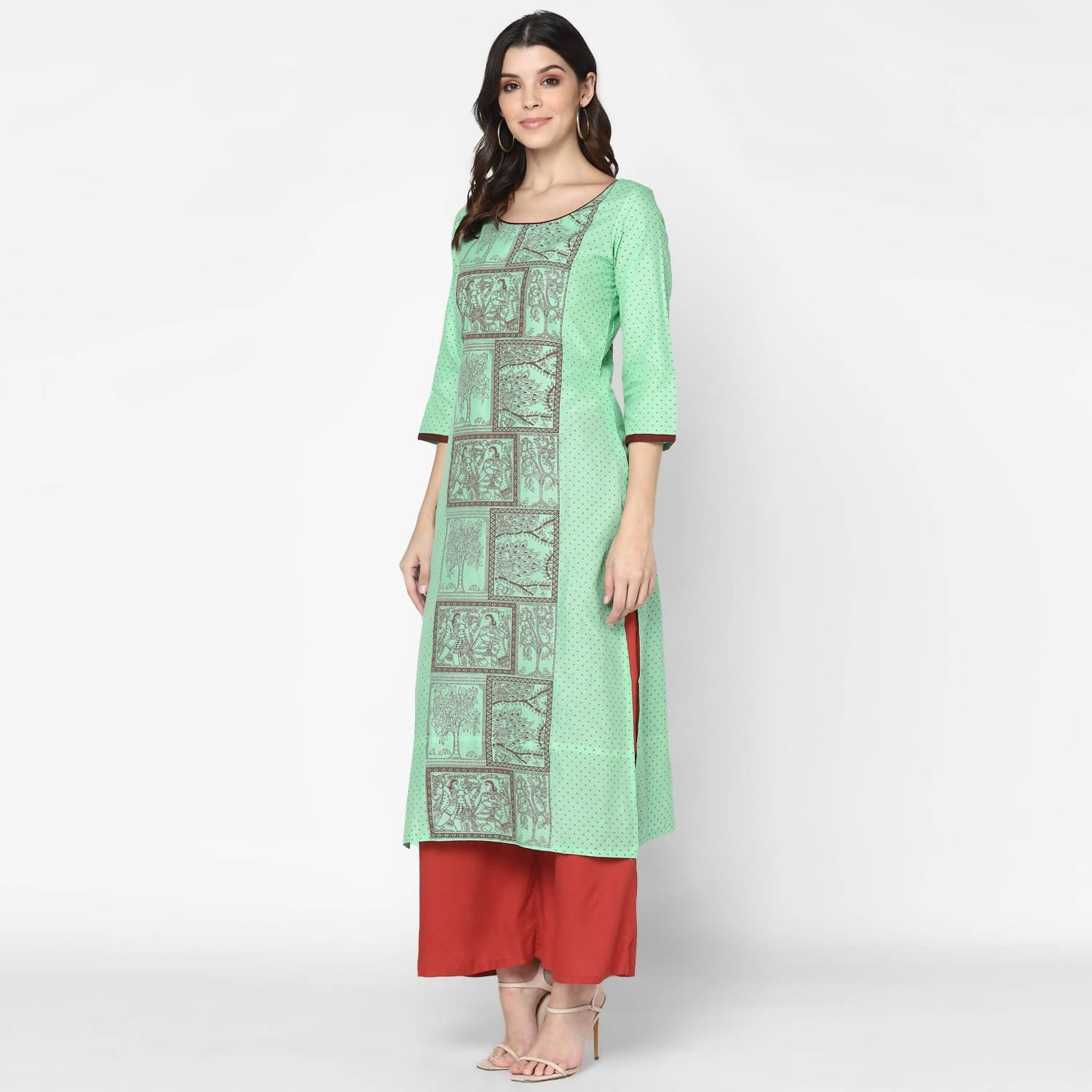 Cheera Hand Block Print Light Green & Maroon Straight Kurta With Palazzo (MAAI-090K)