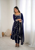 Teeya Creation Blue Color Heavy Faux Georgette Embroidery Work Gown - Distacart