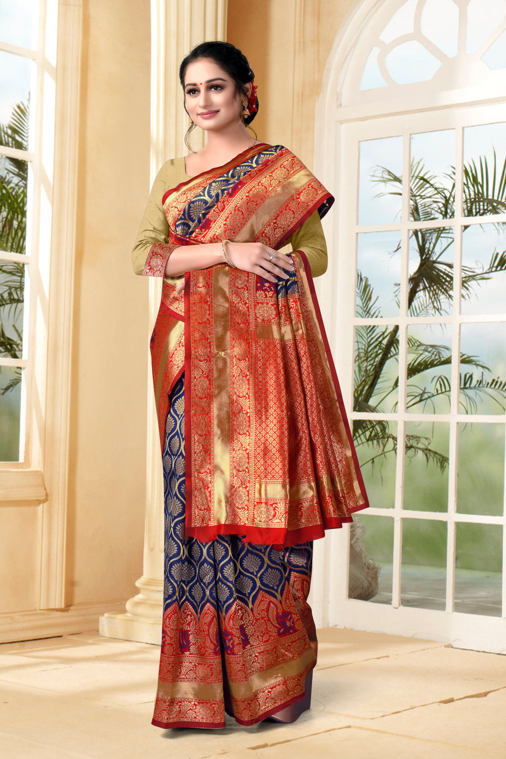 Vedant Vastram Litchi Silk Designer Banarasi Saree - Navy Blue - Distacart