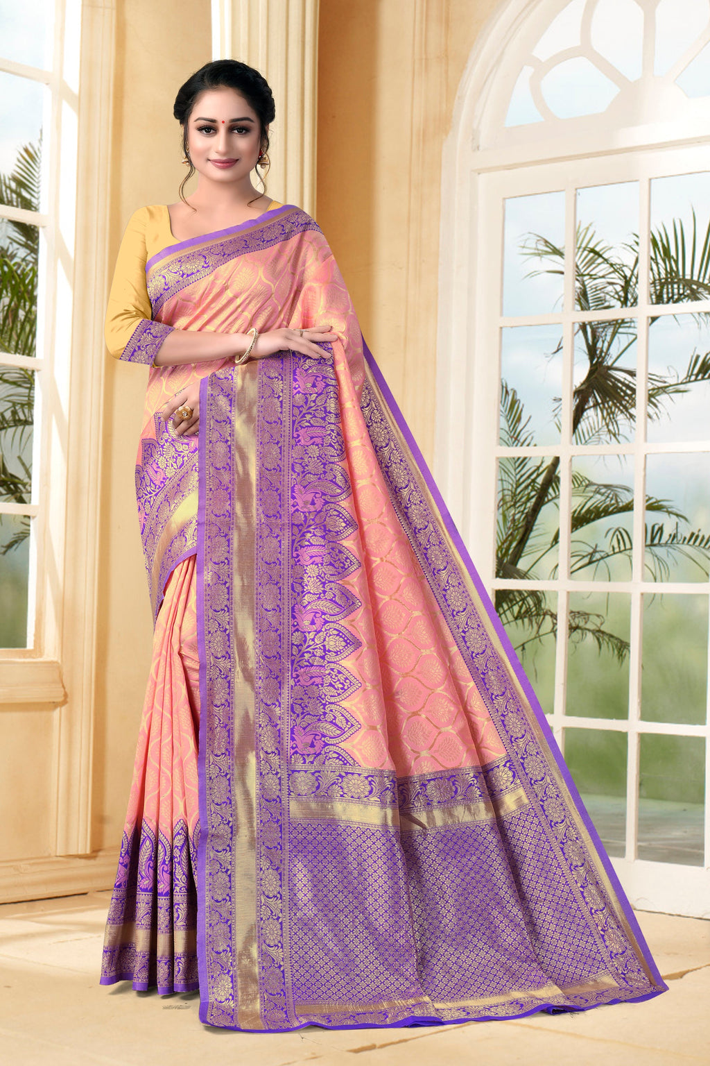 Vedant Vastram Litchi Silk Designer Banarasi Saree - Peach