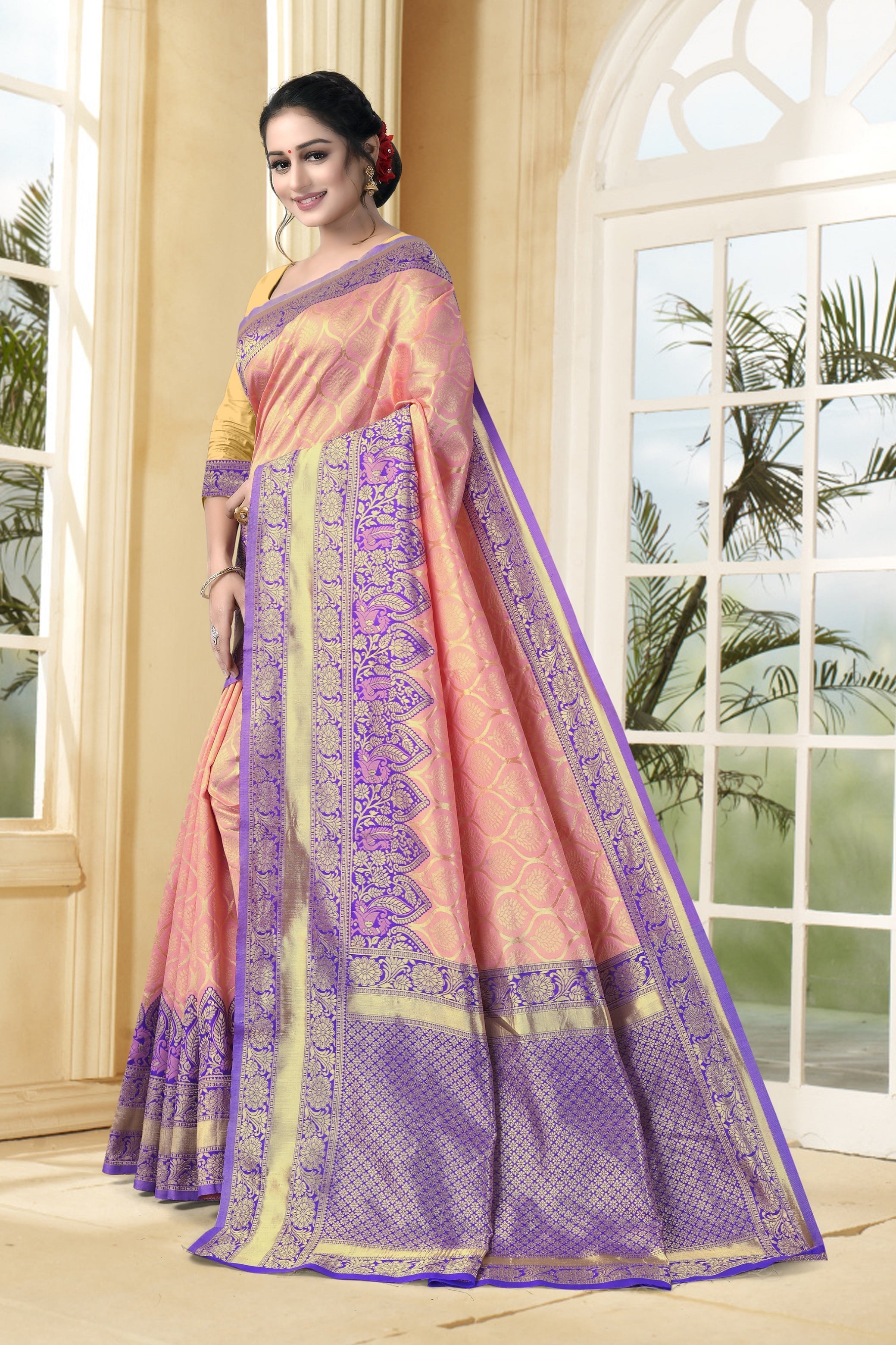 Vedant Vastram Litchi Silk Designer Banarasi Saree - Peach