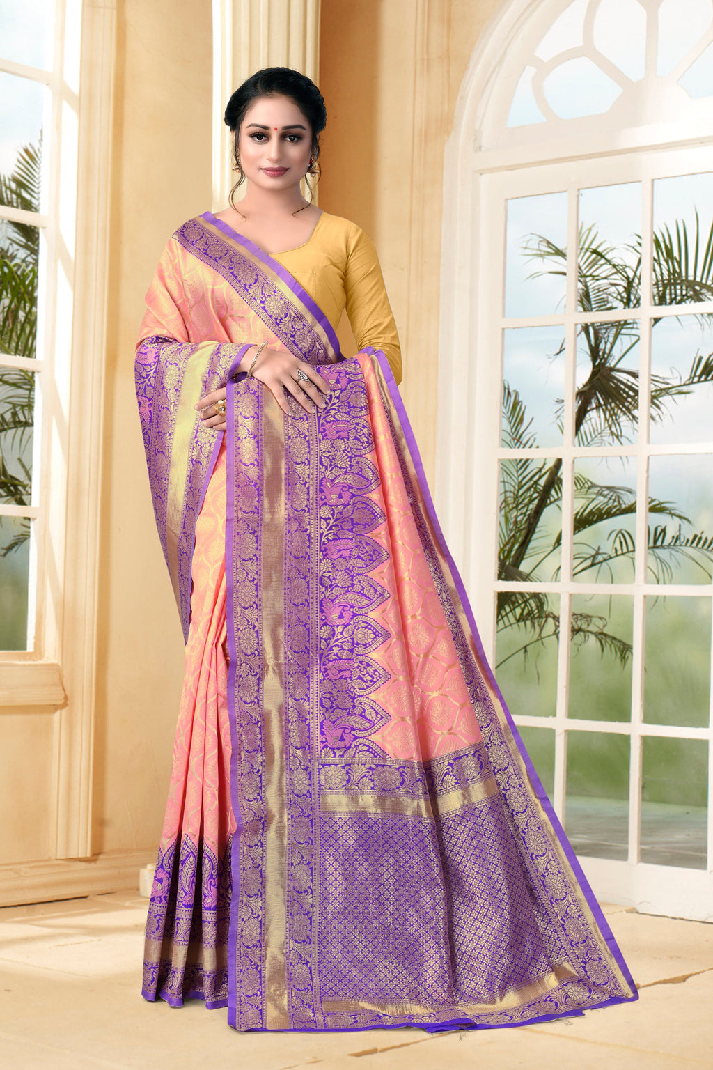 Vedant Vastram Litchi Silk Designer Banarasi Saree - Peach
