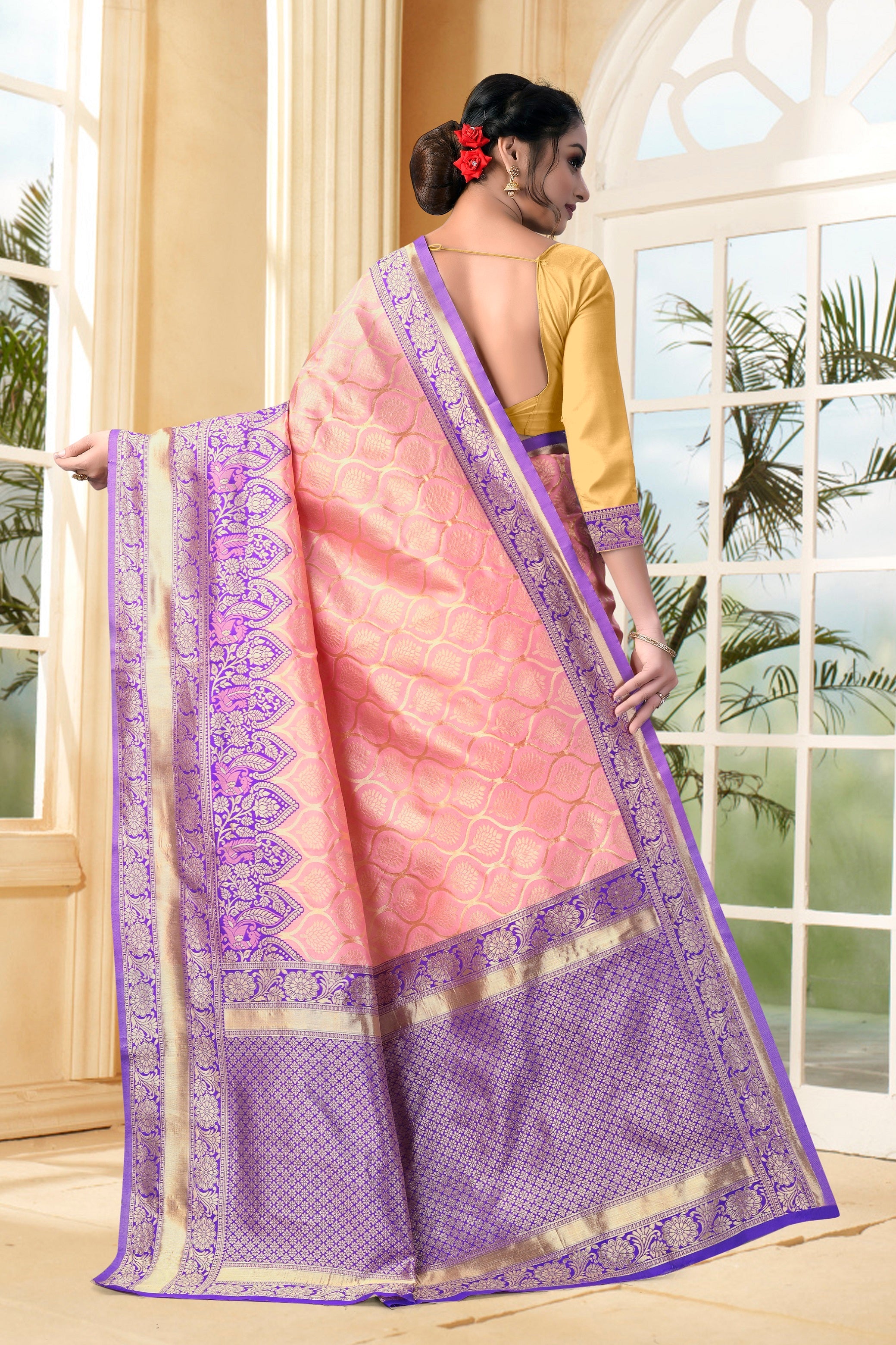 Vedant Vastram Litchi Silk Designer Banarasi Saree - Peach