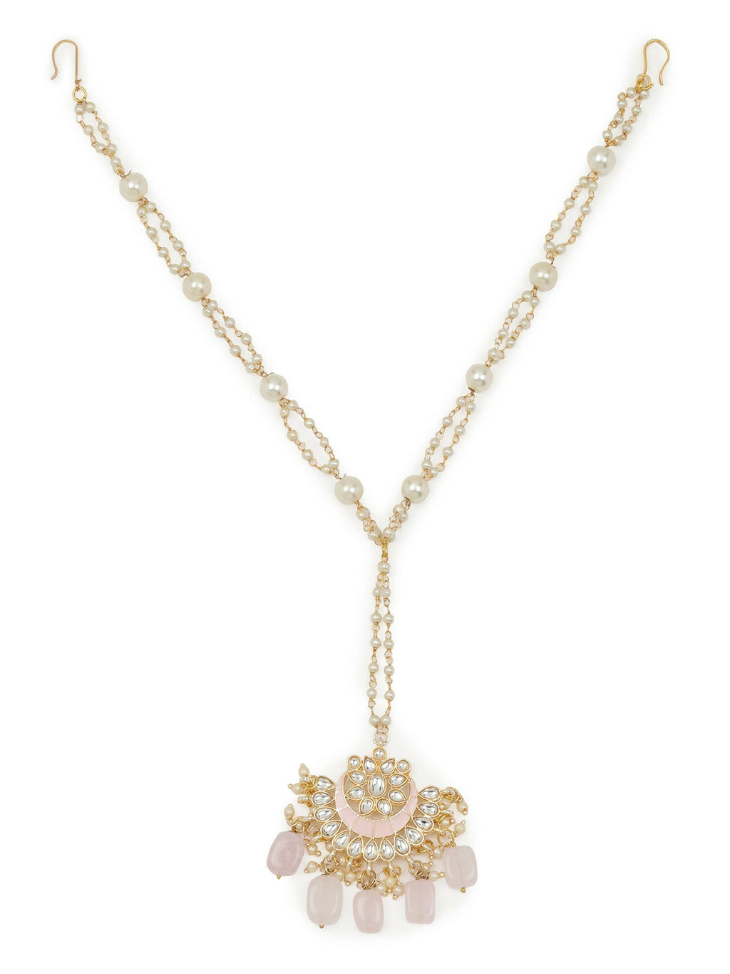 Gold-Plated White Kundan-Studded Pearl Beaded Matha Patti - Ruby Raang - Distacart