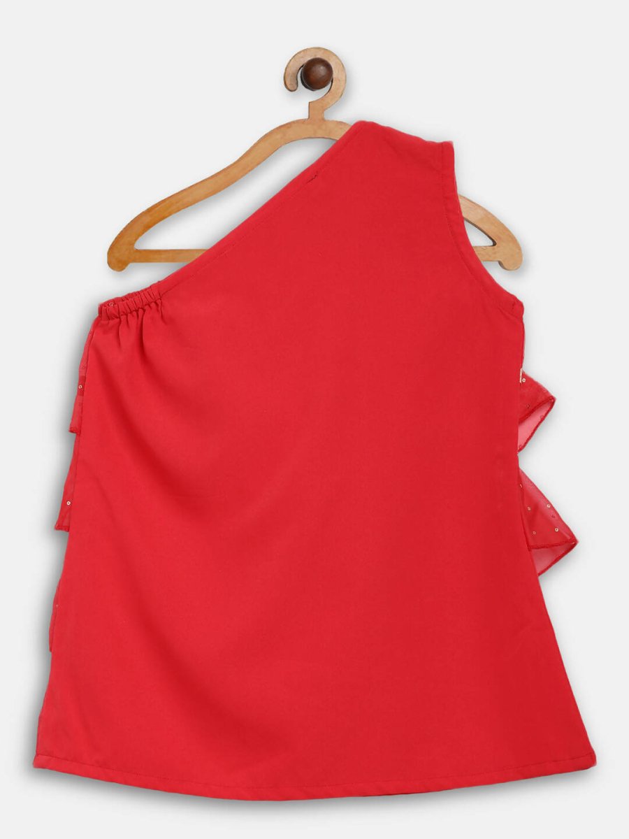 Ahalyaa Red Georgette Ruffel Kids Top With Bottom For Girls