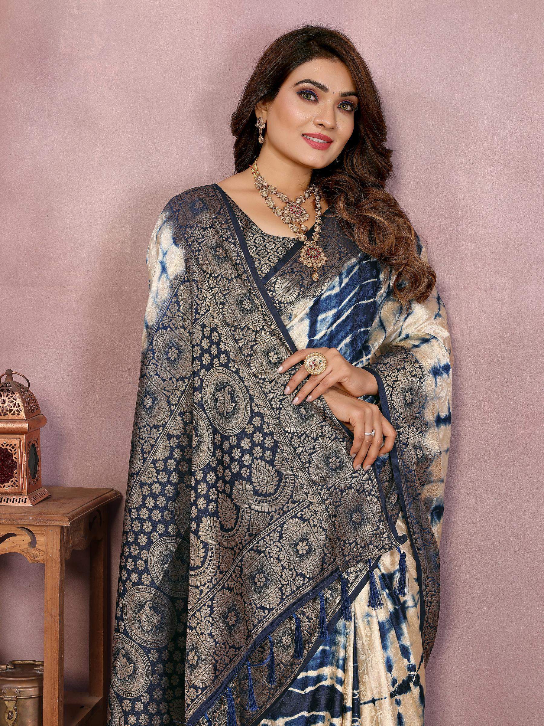 Anaita Navy Soft Satin Silk Saree With Zari Weaving Work - Distacart