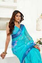 Joban Fashion Turquoise  Floral Linen Ready To Wear Saree With Unstitched Blouse - Distacart