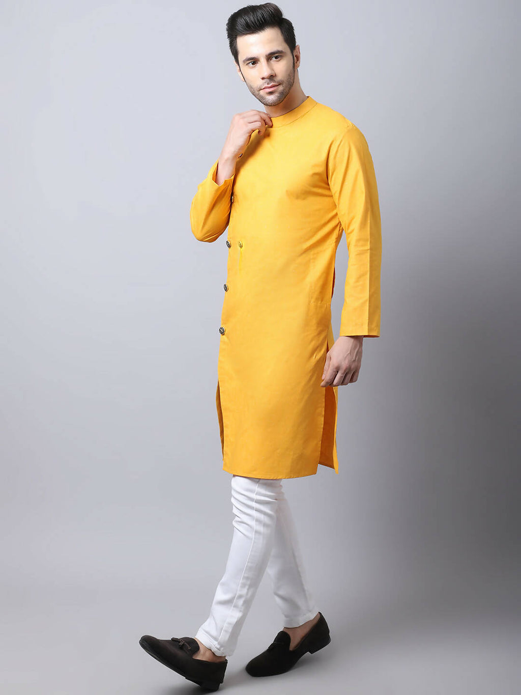 Even Apparels Yellow Pure Cotton Sherwani Kurta With Asymetrical Cut - Distacart
