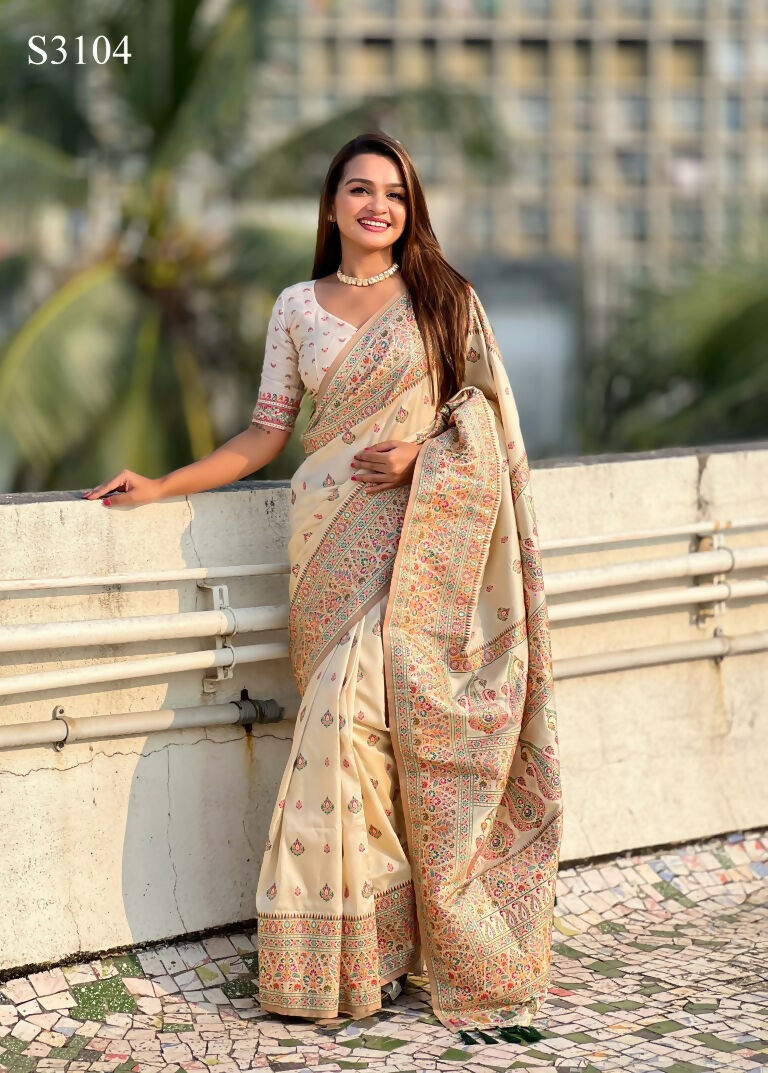 Yellow Pashmina Silk Wevon Kashmiri Meenakari Designer Saree with Unstitched Blouse - Vandini