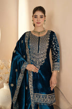 Joban Fashion Blue Velvet Sequence Embroidery Work Kurta Set - Distacart