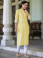 Juniper Women's Yellow Cotton Slub Embroidered Straight Kurta - Distacart