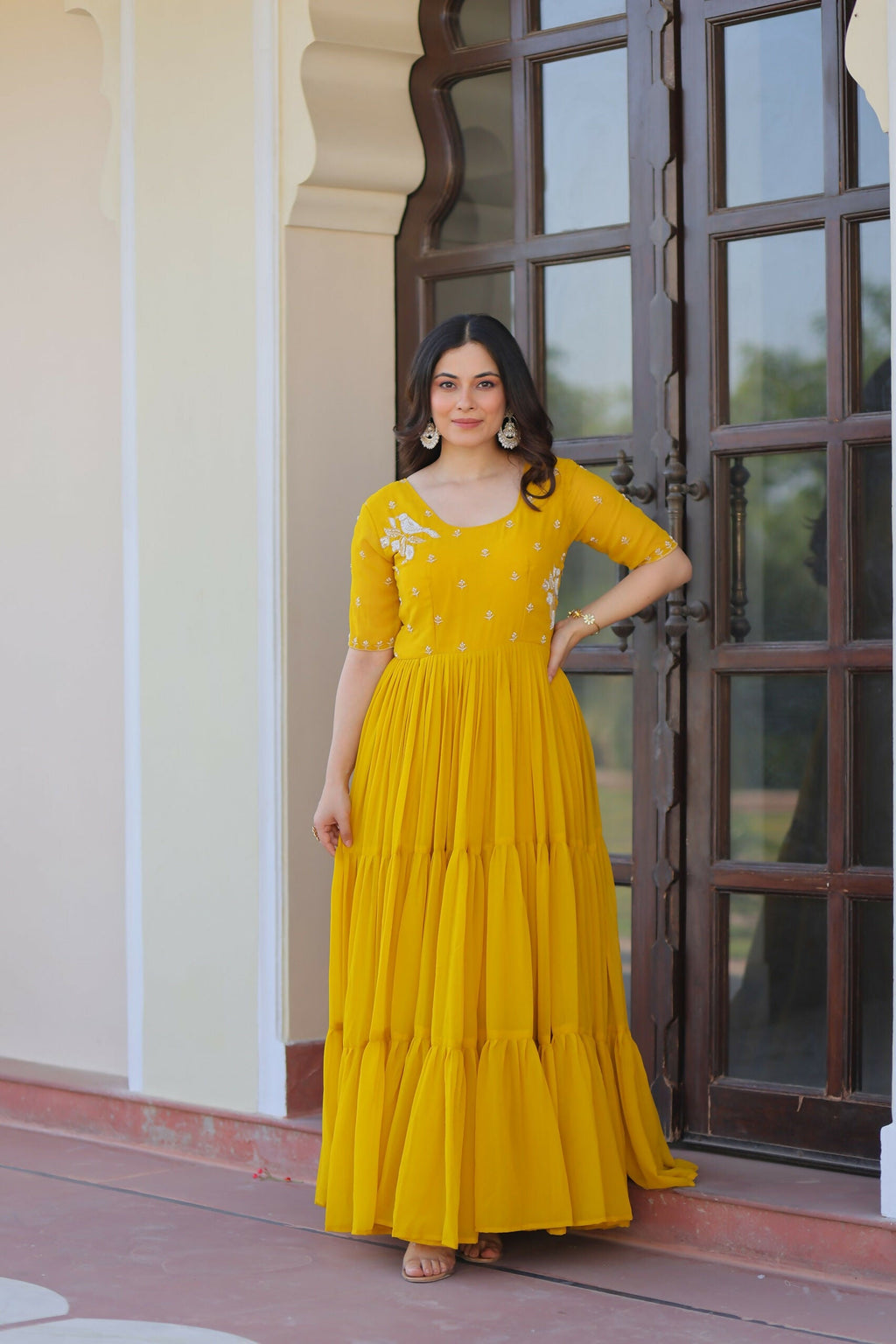 Joban Fashion Yellow Georgette Sequence Embroidery Work Gown - Distacart