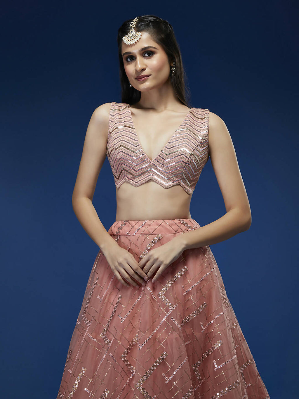 House of Panchhi Peach Net Sequinse Embroidered Lehenga & Blouse with Dupatta