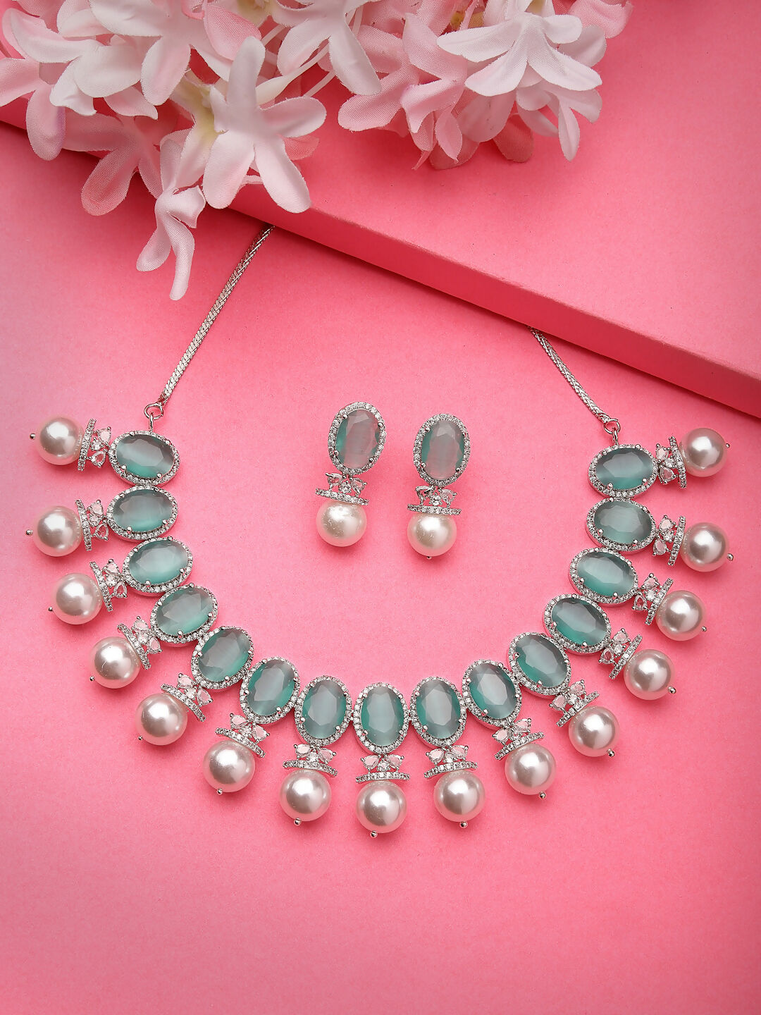 NVR Women's Silver-Plated Green American Diamond Studded Handcrafted Jewellery Set