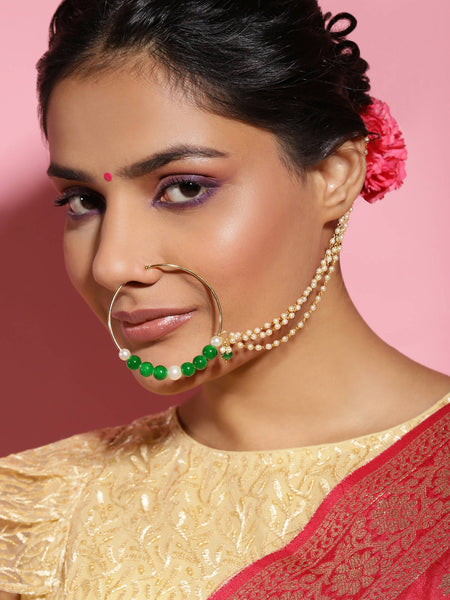 Gold-Polished White Green Stone-Studded Pearl Beaded Nosepin - Ruby Raang