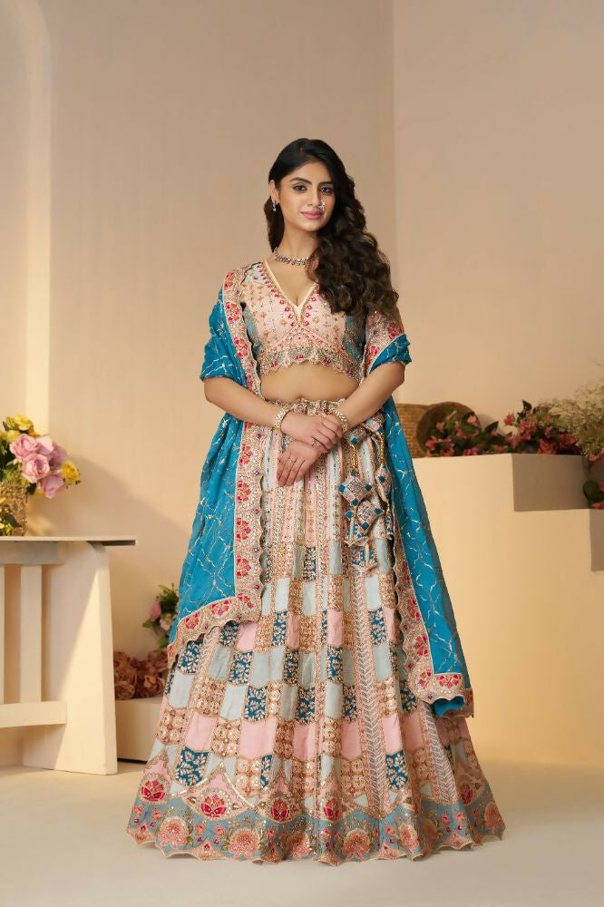 Kesar Fab Sky-Blue Silk Embroidered Lehenga