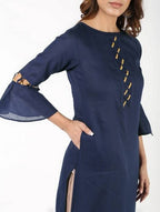 Aniyah Cotton Criss Cross Bell Sleeves Navy Blue Straight Kurta (AN-145K)