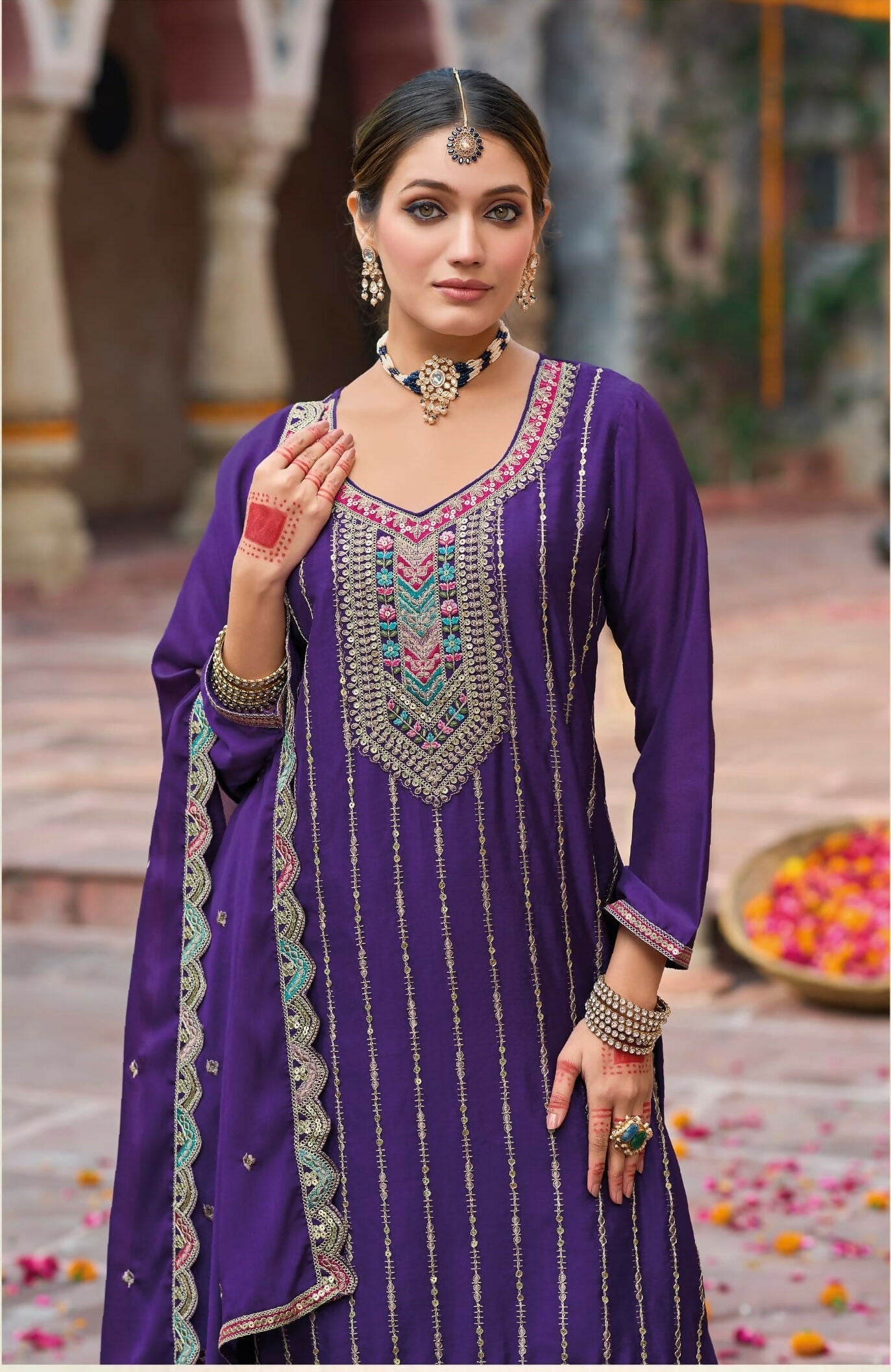Anaita Purple Premium Embroidery Dhaga Sequin Work Ready Made Suit - Distacart