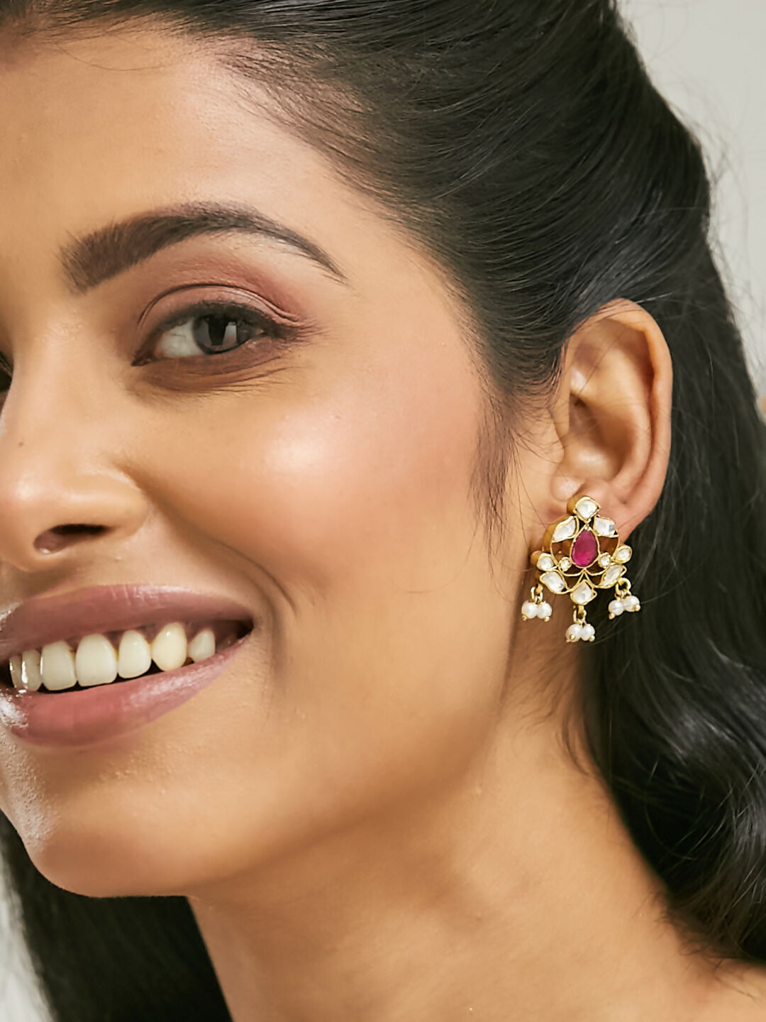 Nuyug 22K Gold-Plated Elegant Kundan & Ruby Stone Studded & Beaded Studs - Distacart