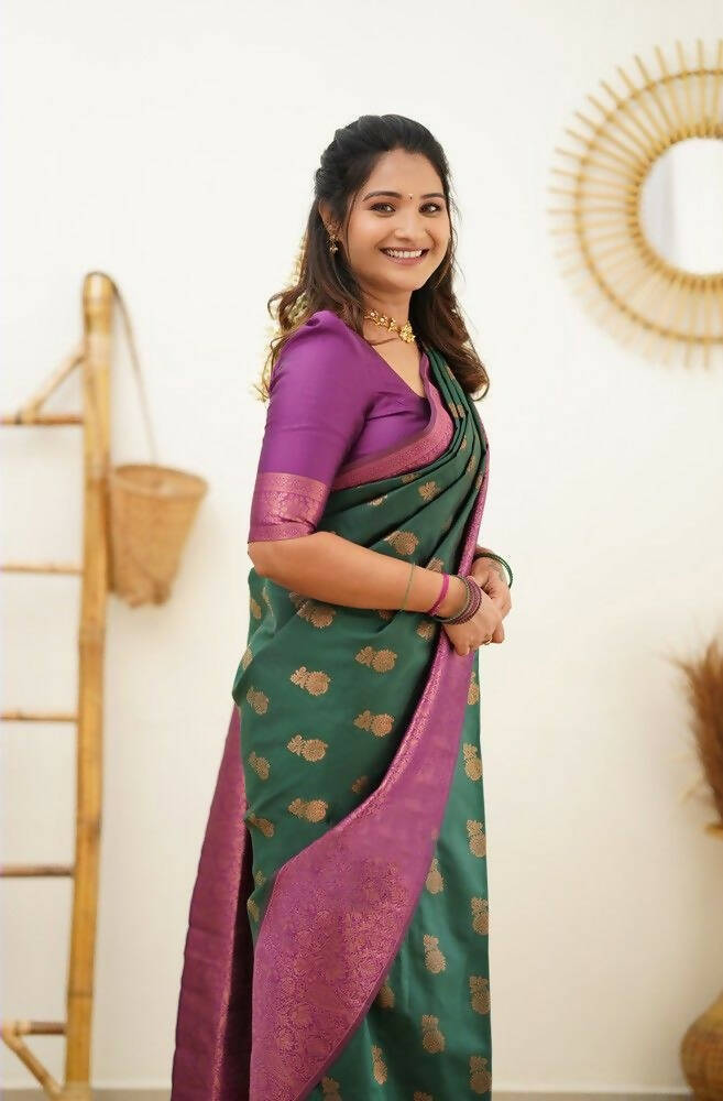 DEIANA'S Beautiful Designer Golden zari Soft Lichi Silk Saree - Teal