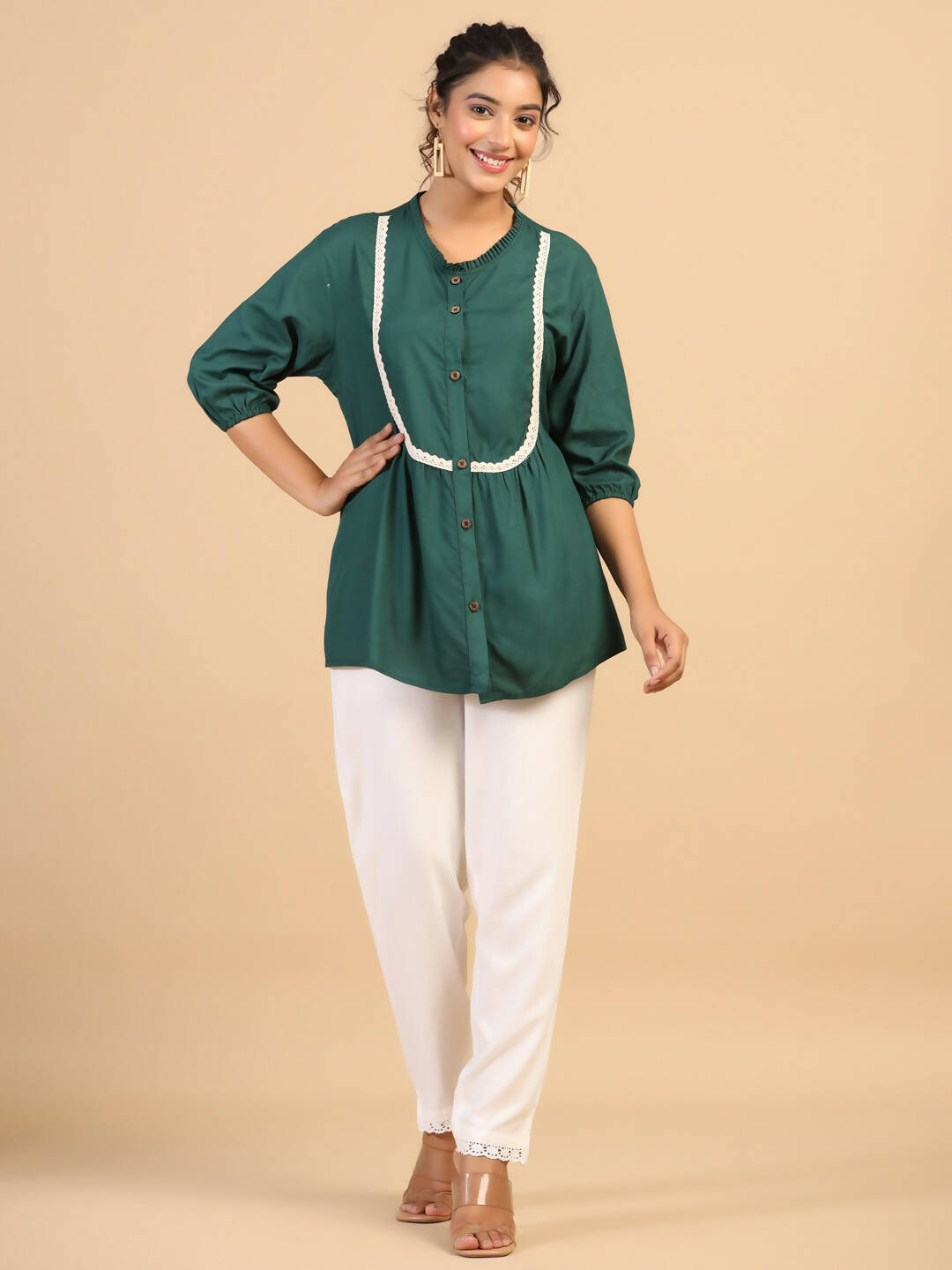 Womens Green Rayon Solid Top - Keeva