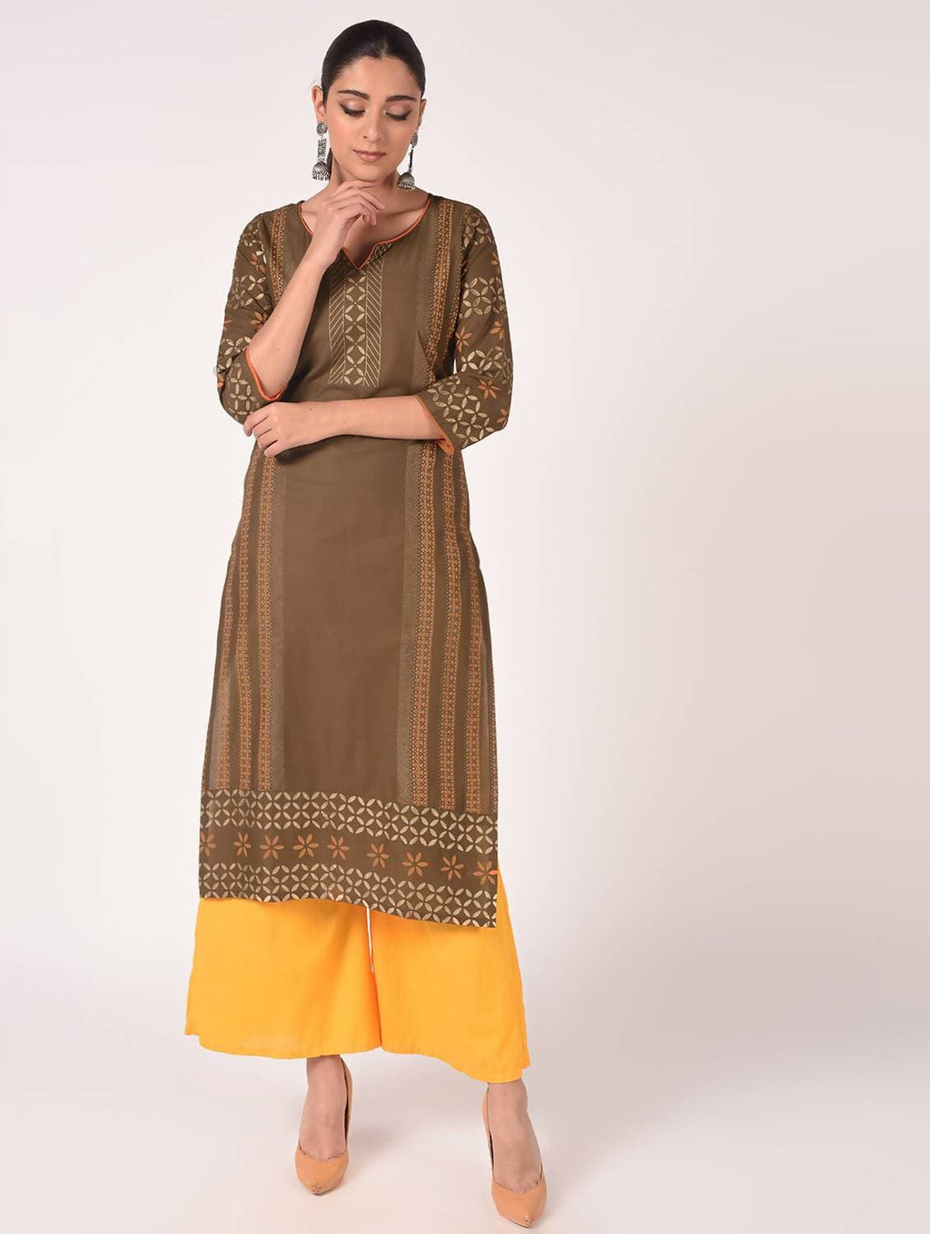 Cheera Hand Block Print Earth Brown Straight Kurta (MAAI-060K)