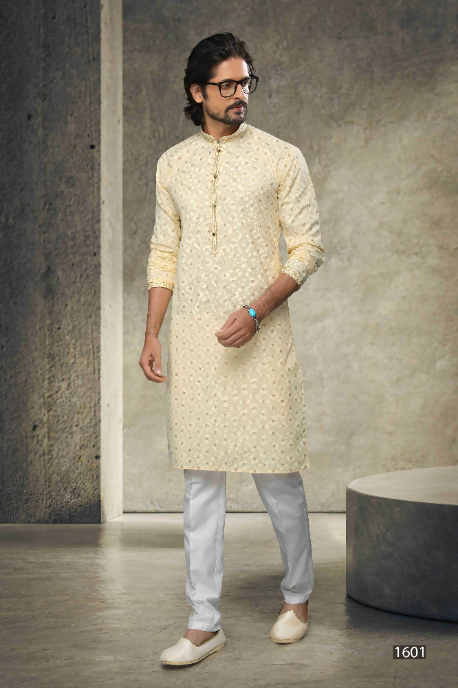 Raivat Ethnic Cotton Printed Work Kurta Pajama In Yellow Colour