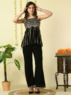 Myshka Women's Black Georgette Top With Palazzos Party Sets