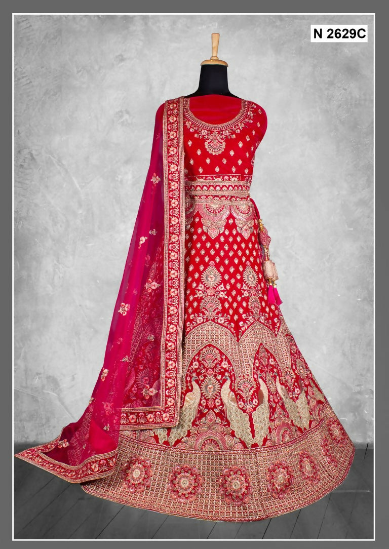 Red Velvet Zardosi Work With Pure Mirror Work Lehenga Choli - Nimaya Tyohar