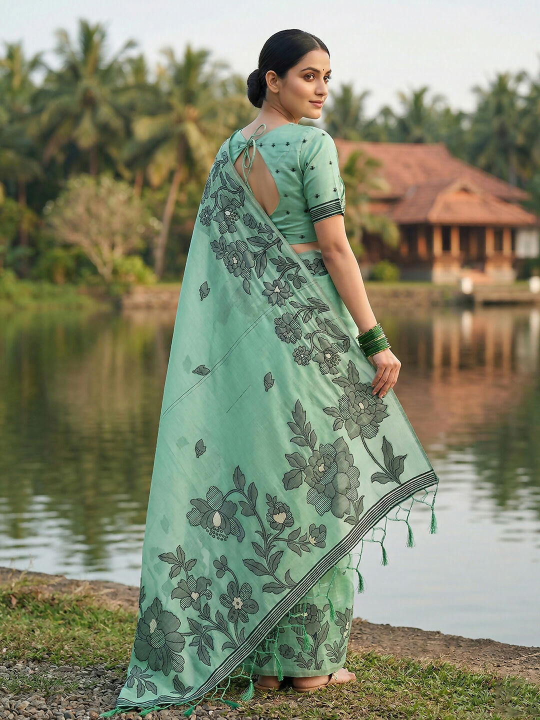 Shree Shyam Fashion Rama Green Linen Cotton Saree - Distacart
