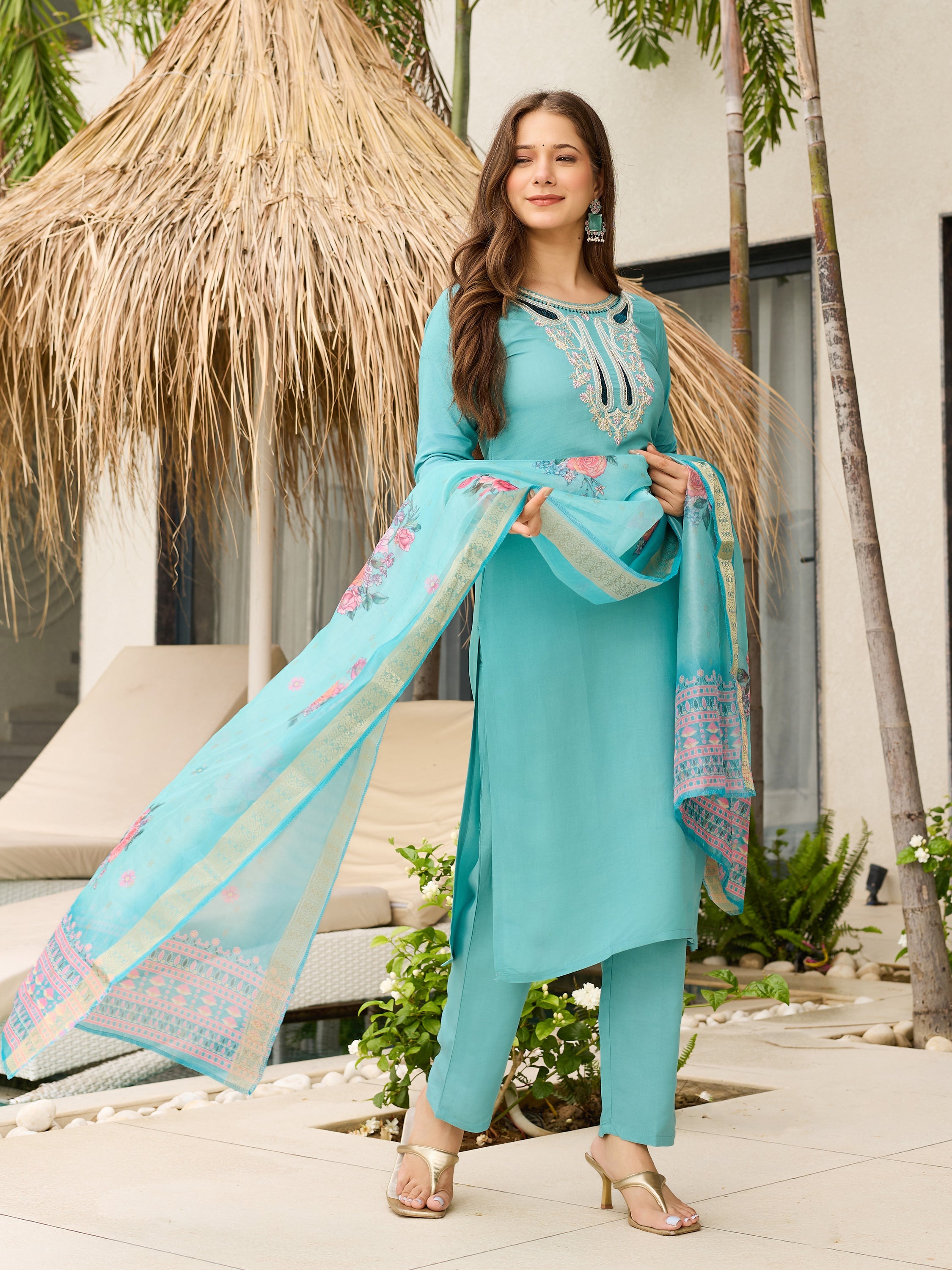The52 Women's Viscose Embroidery work Straight Kurta with Pant and Dupatta Set - Distacart