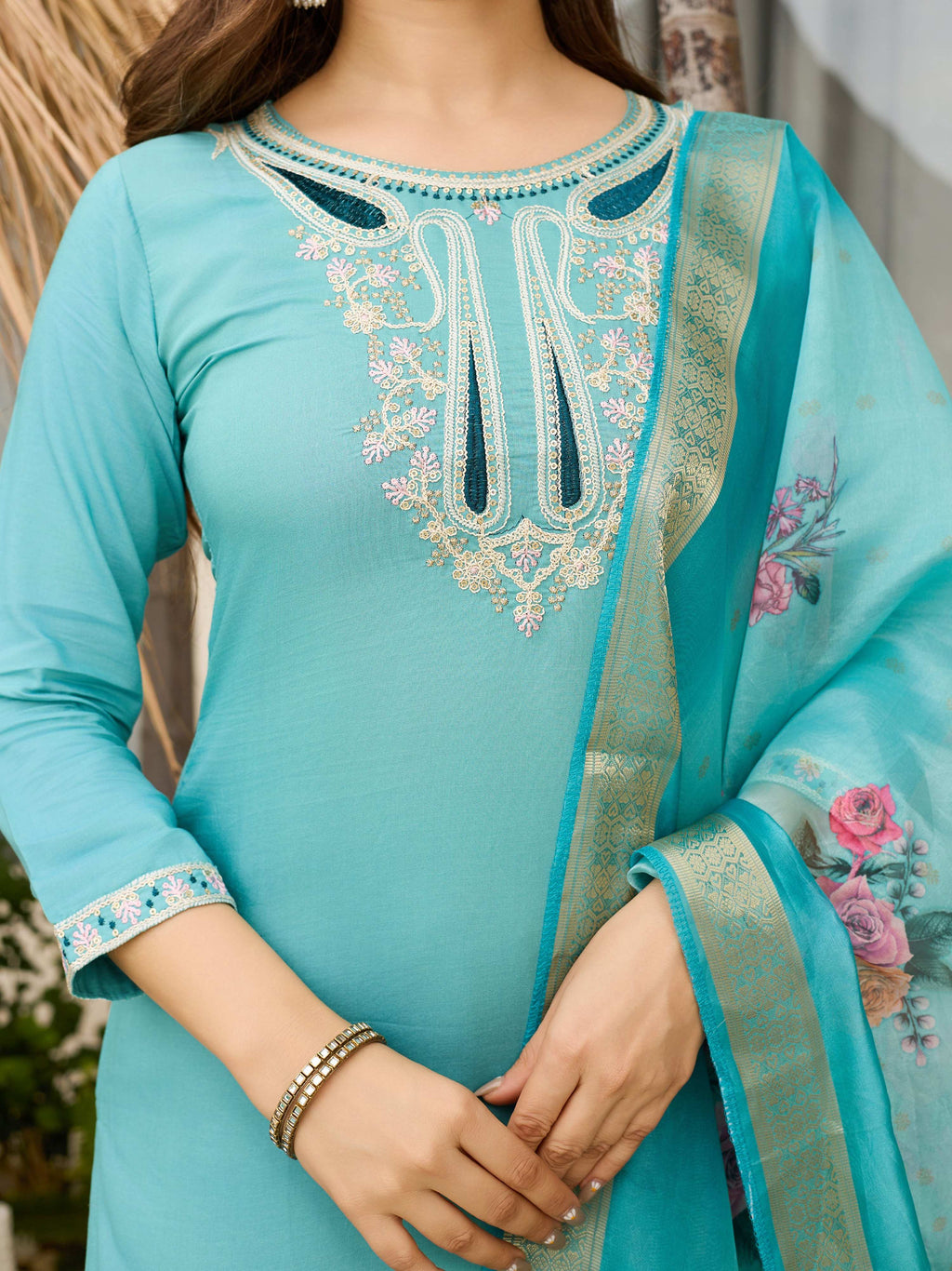 The52 Women's Viscose Embroidery work Straight Kurta with Pant and Dupatta Set - Distacart
