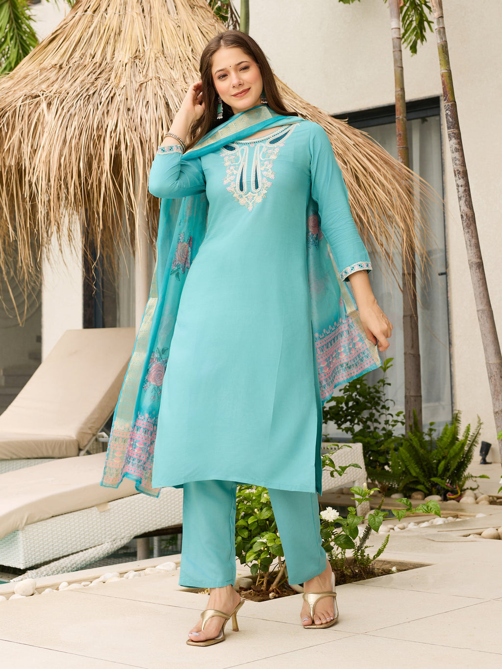 The52 Women's Viscose Embroidery work Straight Kurta with Pant and Dupatta Set - Distacart
