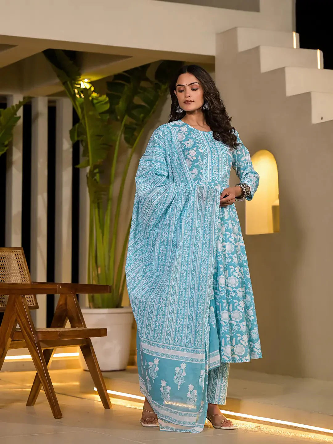 Yufta Sky Blue Cotton Anarkali Style Sequins_Work Kurta With Trousers And Dupatta Set