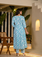 Yufta Sky Blue Cotton Anarkali Style Sequins_Work Kurta With Trousers And Dupatta Set