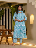 Yufta Sky Blue Cotton Anarkali Style Sequins_Work Kurta With Trousers And Dupatta Set
