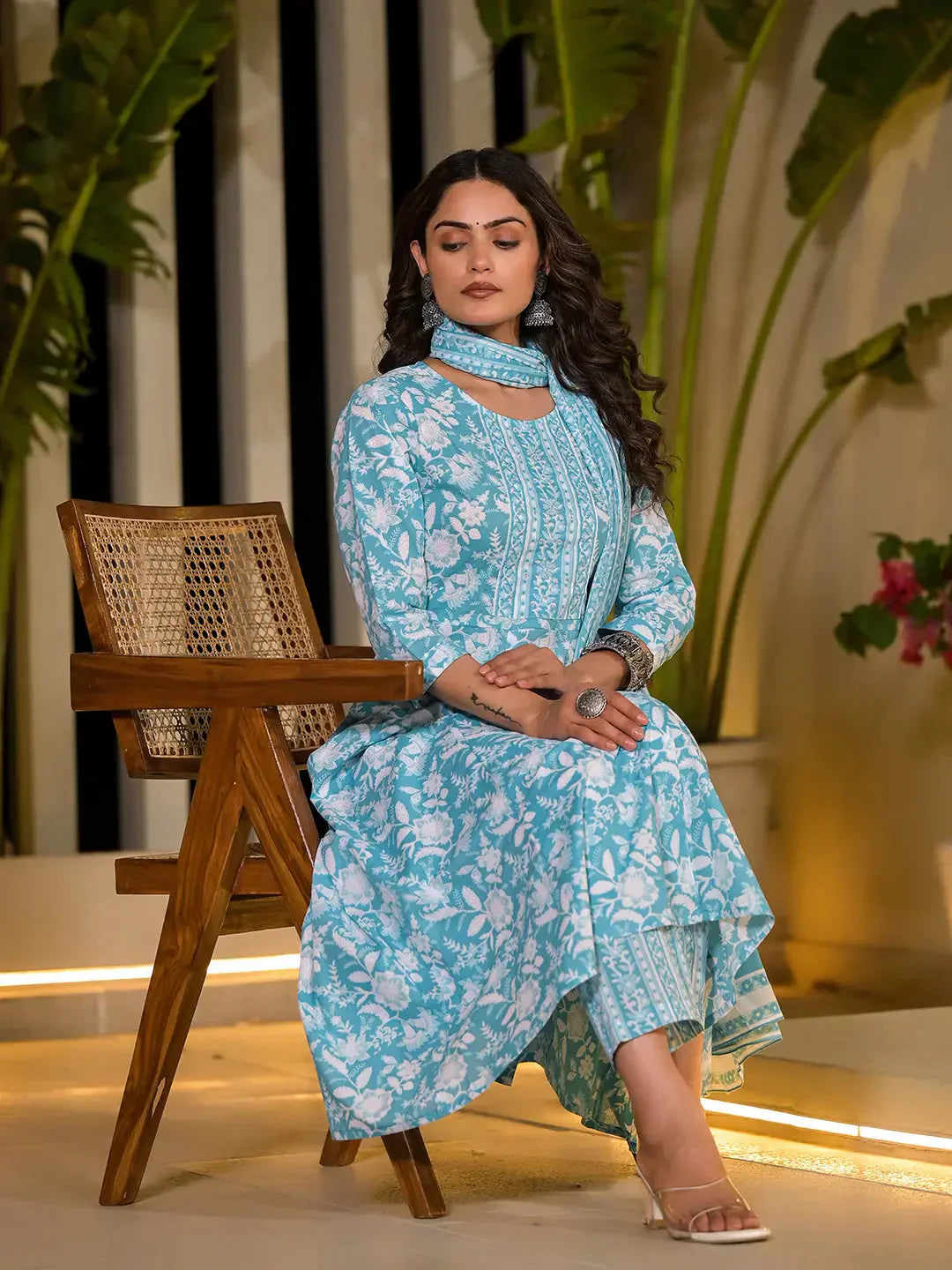 Yufta Sky Blue Cotton Anarkali Style Sequins_Work Kurta With Trousers And Dupatta Set