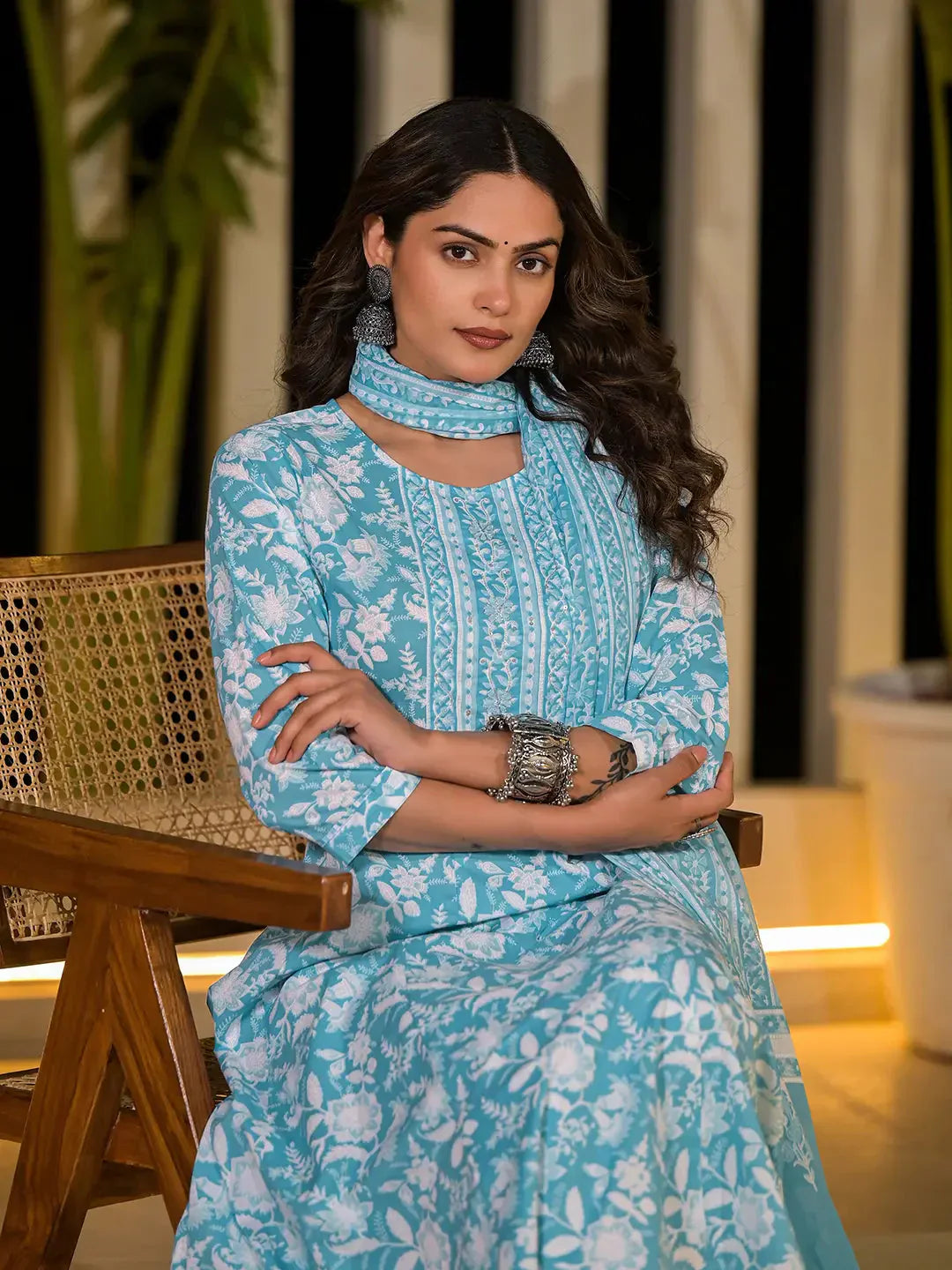 Yufta Sky Blue Cotton Anarkali Style Sequins_Work Kurta With Trousers And Dupatta Set