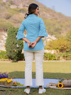 Yufta Sky Blue Cotton Checks Printed Embroidery Top