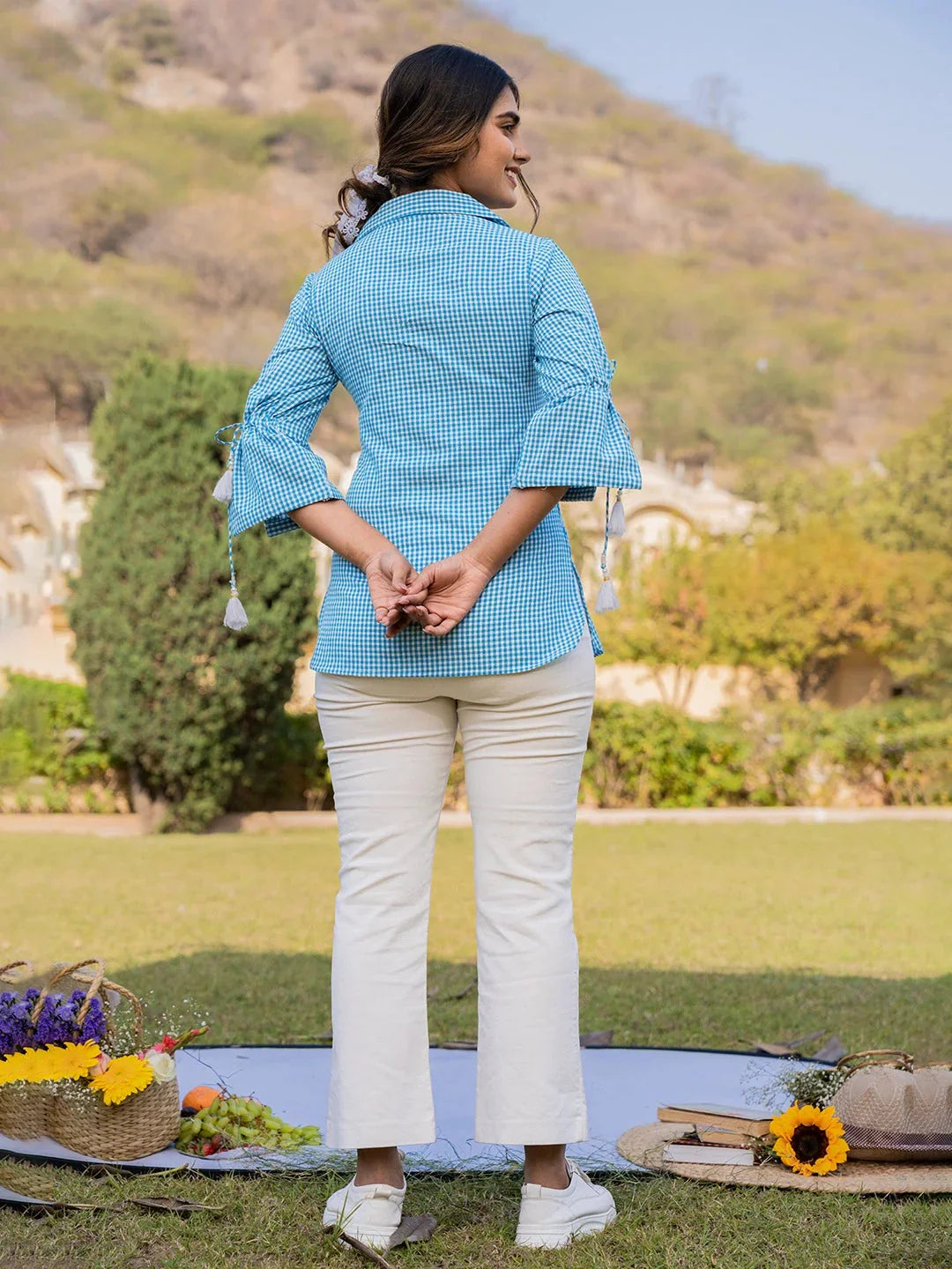 Yufta Sky Blue Cotton Checks Printed Embroidery Top