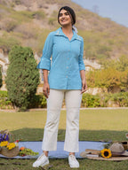 Yufta Sky Blue Cotton Checks Printed Embroidery Top