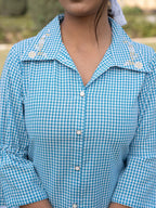 Yufta Sky Blue Cotton Checks Printed Embroidery Top