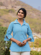 Yufta Sky Blue Cotton Checks Printed Embroidery Top